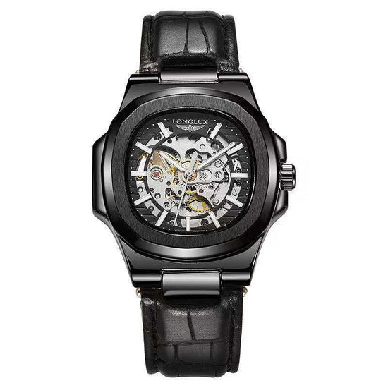 TitanEdge™ – Barrel-Shaped Mechanical Watch with Leather Strap (Waterproof)
