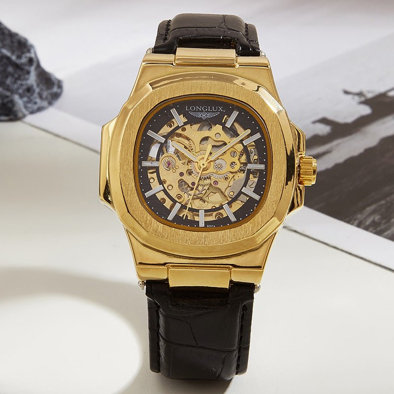 TitanEdge™ – Barrel-Shaped Mechanical Watch with Leather Strap (Waterproof)