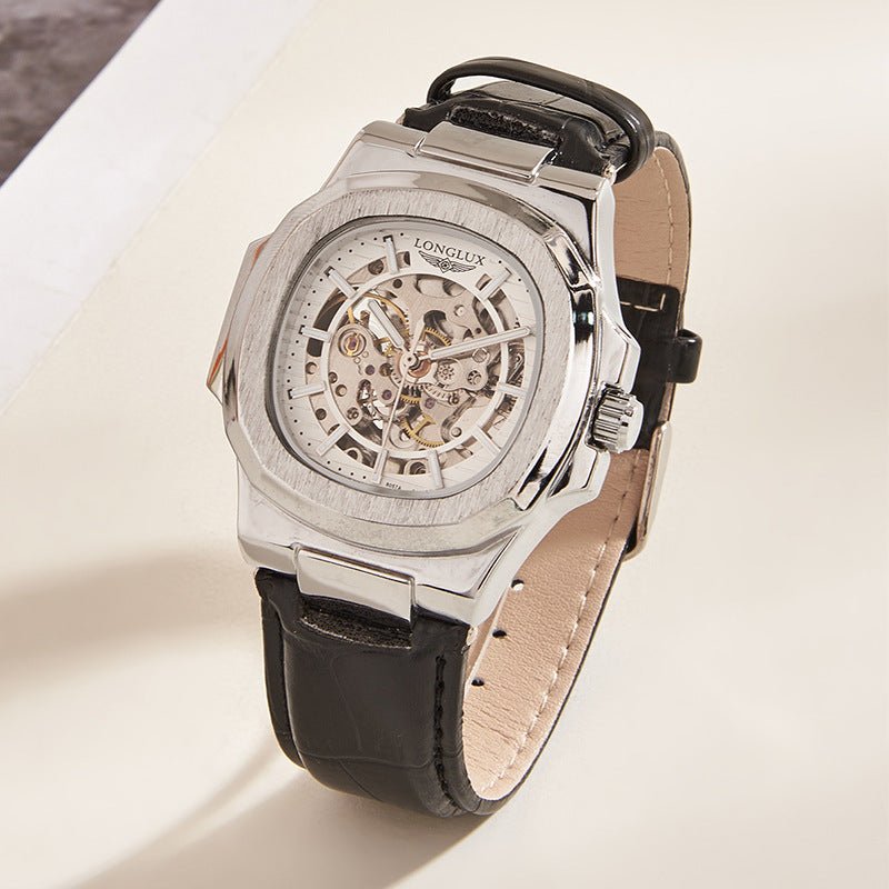 TitanEdge™ – Barrel-Shaped Mechanical Watch with Leather Strap (Waterproof)