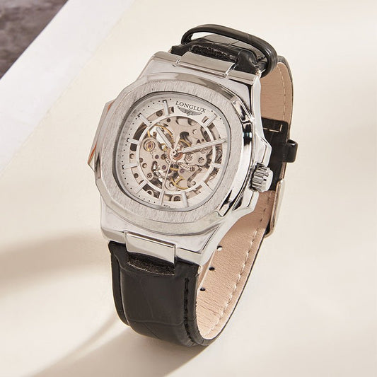 TitanEdge™ – Barrel-Shaped Mechanical Watch with Leather Strap (Waterproof)